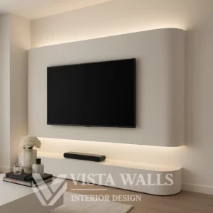 Ronde cinewall met LED-verlichting in een minimalistisch interieur van Vista Walls