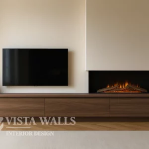 Cinewall met houtlook onderkast, TV en elektrische haard in minimalistisch interieur van Vista Walls