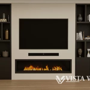 Vista Walls Cinewall Noir Édition met open LED-haard en ingebouwde zwarte kastwanden