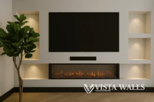 Vista Walls Cinewall Eclipse Glow met LED haard en sfeervolle nisverlichting in modern interieur