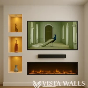cinewall modern design met sfeerhaard, tv-nis en gouden verlichte nissen in lichte wandafwerking