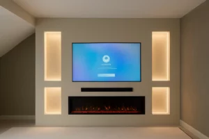 Cinewall Lumino Edge met LED-nissen en haard – modern design door Vista Walls
