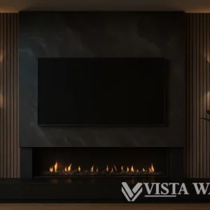 Luxe cinewall met zwarte marmerlook, verticale houten wandpanelen, ingebouwde gashaard en warme wandverlichting – Vista Walls Imperial Flame