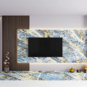 ISODECO Douchepaneel Hoogglans Onyx Blue op een cinewall