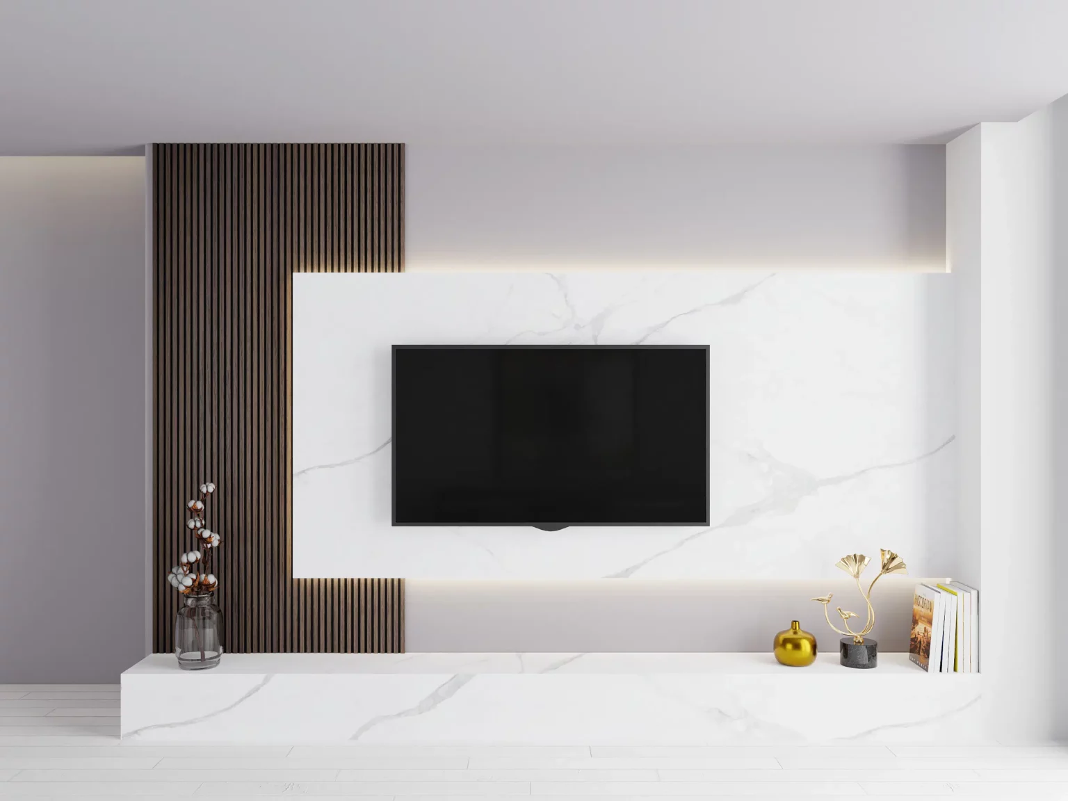 ISODECO Douchepanelen Hoogglans Goud Beige Wit Calacatta op een cinewall