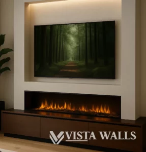 cinewall met LED-haard, donkerhouten tv-meubel en verzonken tv-nis met indirecte verlichting.