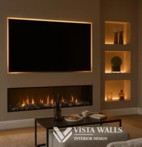 Luxe cinewall Golden Glow met ingebouwde haard, LED-verlichting en nissenvakken in een modern interieur – VistaWalls