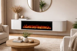 tv meubel mat wit in japandi setting met haard