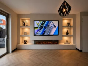 cinewall met 6 nissen en 6 spots en 3d haard in moderne setting