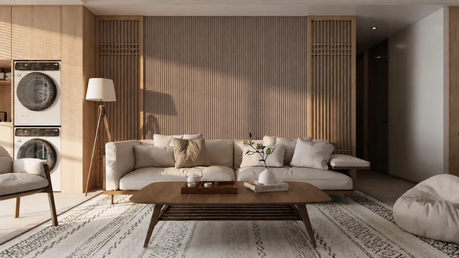 Akoestisch suede wandpaneel mokka 280 x 60 cm woonkamer