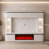 Afmetingen luxe witte cinewall 280 cm breed, 220 cm hoog en 50 cm diep – tv-wand met elektrische haard, marmerlook wandpaneel en LED-verlichte nissen.