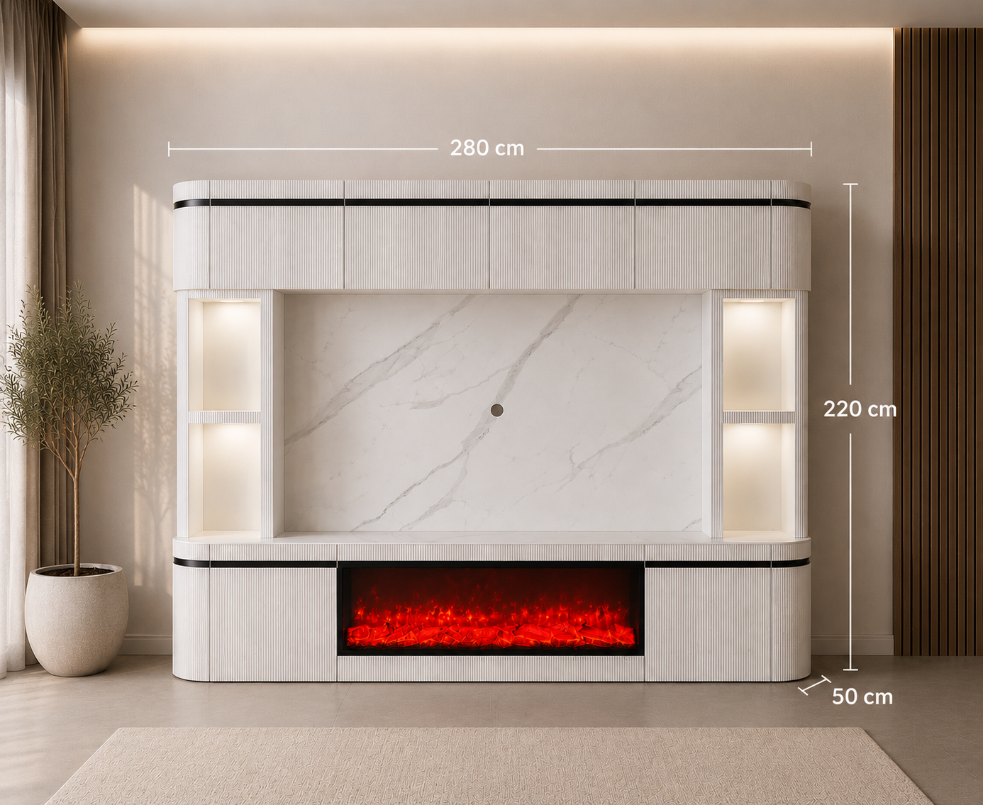 Afmetingen luxe witte cinewall 280 cm breed, 220 cm hoog en 50 cm diep – tv-wand met elektrische haard, marmerlook wandpaneel en LED-verlichte nissen.