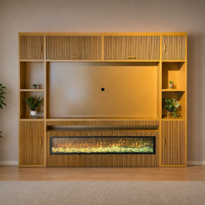 Vooraanzicht van een luxe houtlook cinewall met geïntegreerde haard en opbergruimte.