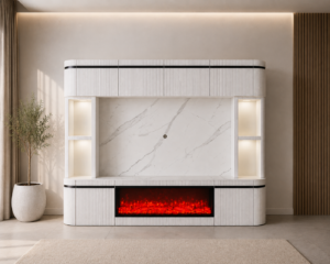 Luxe witte cinewall met sfeerhaard, marmerlook achterwand en verlichte nissen – modern design tv-wand met afgeronde hoeken en stijlvolle zwarte accenten.