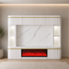 Aqua cinewall wit goud met marmerlook achterwand, geïntegreerde elektrische sfeerhaard en luxe designafwerking.