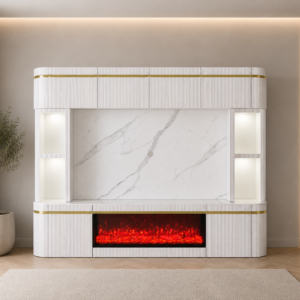 Aqua cinewall wit goud met marmerlook achterwand, geïntegreerde elektrische sfeerhaard en luxe designafwerking.