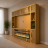 Zijaanzicht van een moderne cinewall met houtlook afwerking en elektrische sfeerhaard.