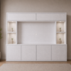 Witte Oak cinewall met bovenkasten, twee open nissen per zijde en vijf greeploze onderkasten, weergegeven in een moderne beige woonkamer met rustige luxe uitstraling.
