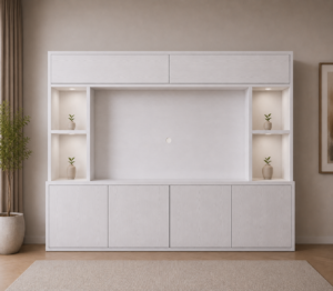 Witte Oak cinewall met bovenkasten, twee open nissen per zijde en vijf greeploze onderkasten, weergegeven in een moderne beige woonkamer met rustige luxe uitstraling.