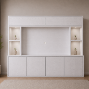 Witte Oak cinewall met bovenkasten, twee open nissen per zijde en vijf greeploze onderkasten, weergegeven in een moderne beige woonkamer met rustige luxe uitstraling.