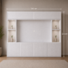 Witte Oak cinewall van 240 cm breed en 220 cm hoog met twee open vakken aan beide zijden, bovenkasten en vijf onderkasten, inclusief duidelijke maatvoering in een moderne interieursetting.