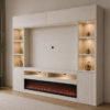 Zijaanzicht van een luxe cinewall met lichte houtlook, elektrische sfeerhaard en verlichte displayvakken.