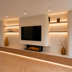 Verano Luxe cinewall met elektrische sfeerhaard, zwevend TV-meubel en LED-verlichte designplanken
