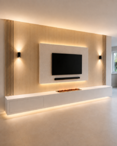 Cinewall Luxe Oak met houten wandpanelen, zwevend TV meubel, elektrische haard, wandlampen en warme LED verlichting