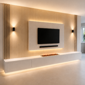 Cinewall Luxe Oak met houten wandpanelen, zwevend TV meubel, elektrische haard, wandlampen en warme LED verlichting