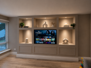 Cinewall Classic Elegance op maat met verlichte nissen en klassieke sierlijsten