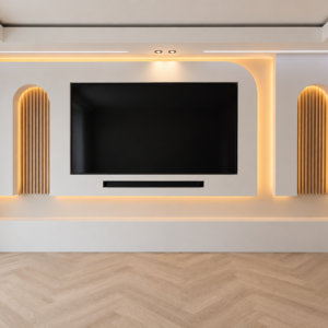 Cinewall Aurelia met houten latten en ronde nissen