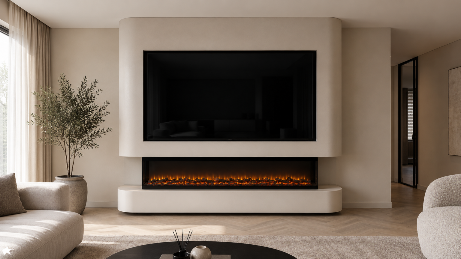 Cinewall Elara Curve met ronde vormen en elektrische haard