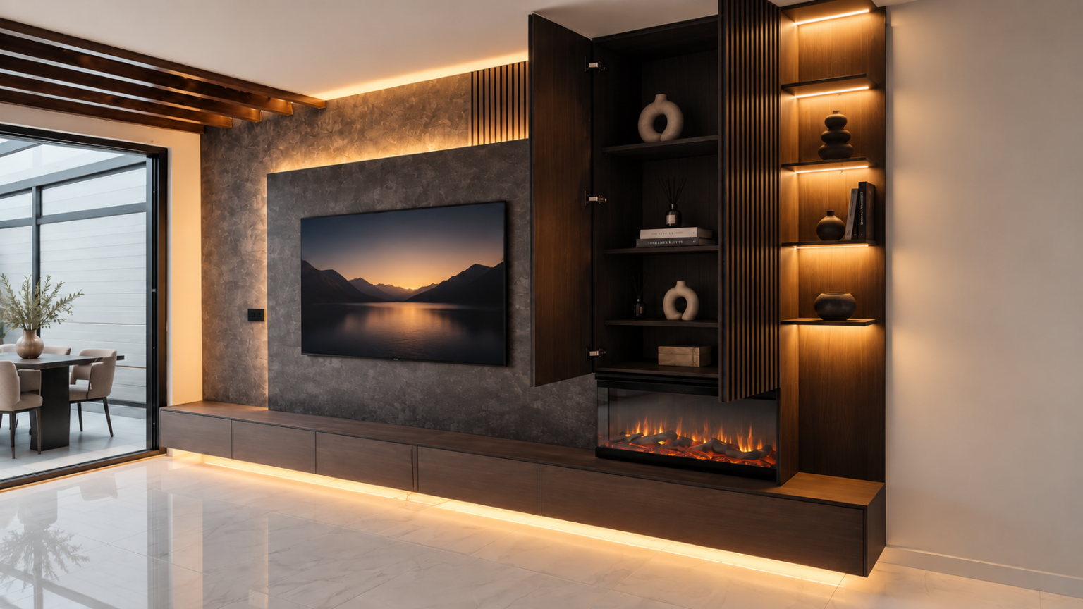 Luxe Cinewall Monaco met elektrische haard en LED-verlichting